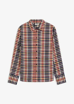 bonprix bonprix Camisas Y Blusas>Camisa de franela de algodón puro blanco perla-azul tinta-caqui claro-rojo lava a cuadros