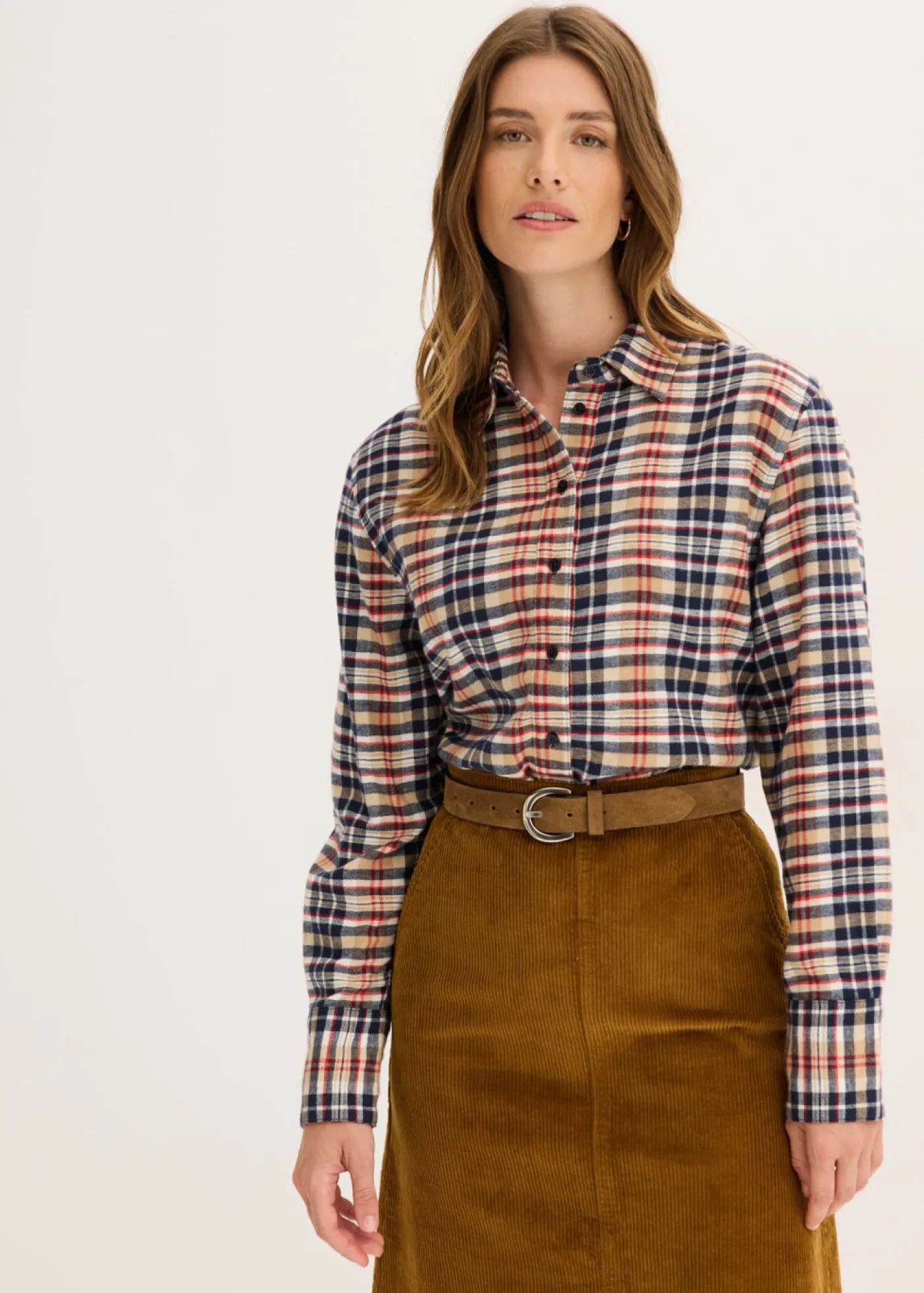 bonprix bonprix Camisas Y Blusas>Camisa de franela de algodón puro blanco perla-azul tinta-caqui claro-rojo lava a cuadros