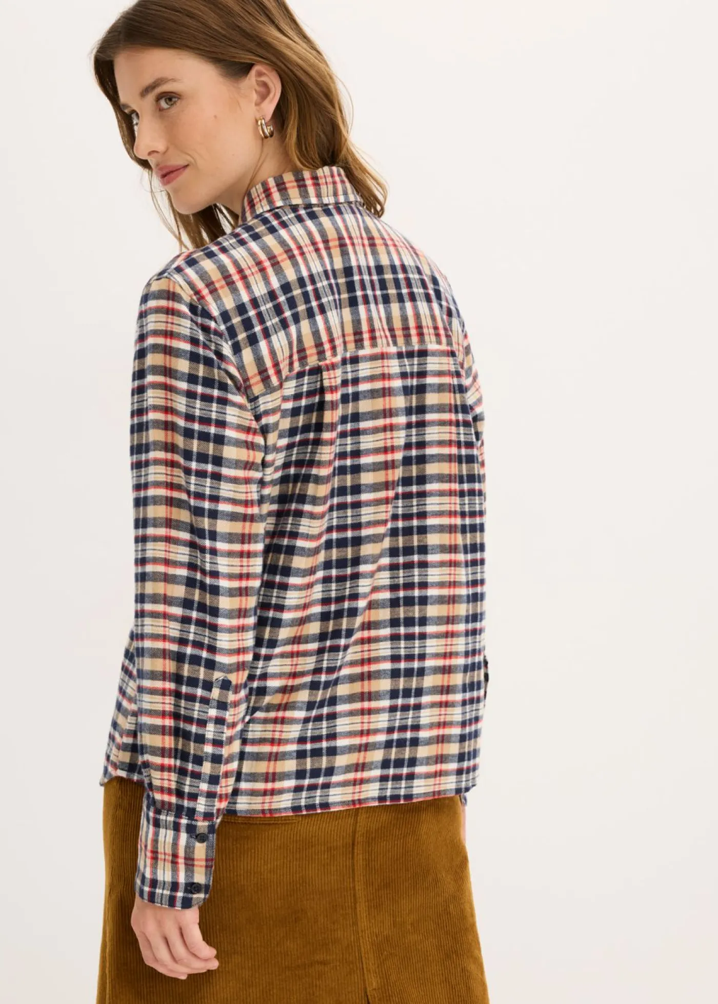 bonprix bonprix Camisas Y Blusas>Camisa de franela de algodón puro blanco perla-azul tinta-caqui claro-rojo lava a cuadros