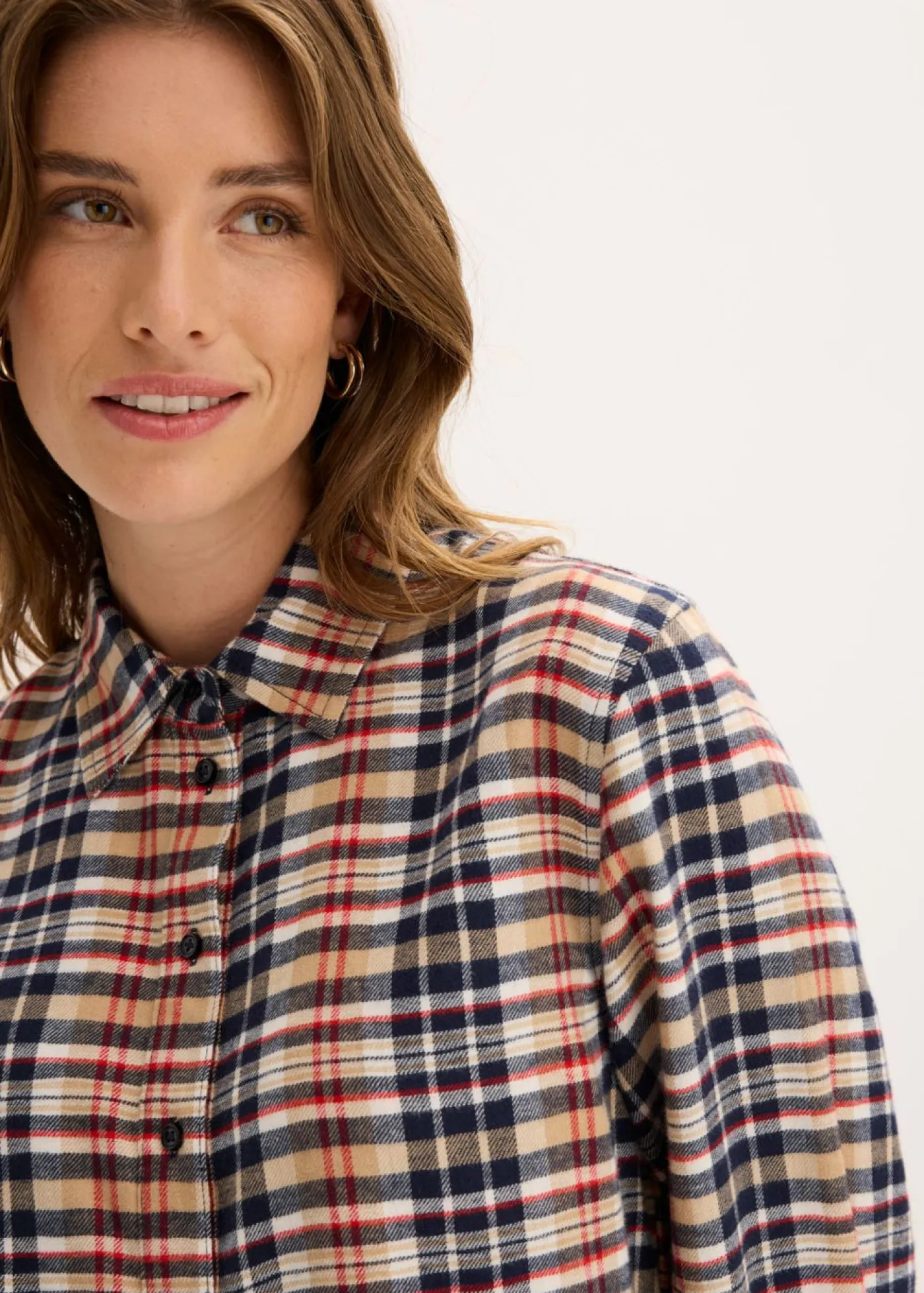 bonprix bonprix Camisas Y Blusas>Camisa de franela de algodón puro blanco perla-azul tinta-caqui claro-rojo lava a cuadros