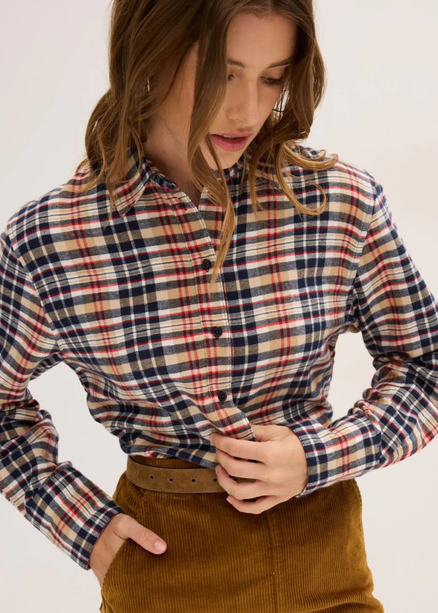 bonprix bonprix Camisas Y Blusas>Camisa de franela de algodón puro blanco perla-azul tinta-caqui claro-rojo lava a cuadros