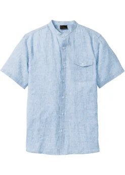 bonprix bonprix Camisas>Camisa de lino de manga corta con cuello alto Azul claro jaspeado