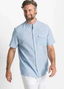 bonprix bonprix Camisas>Camisa de lino de manga corta con cuello alto Azul claro jaspeado