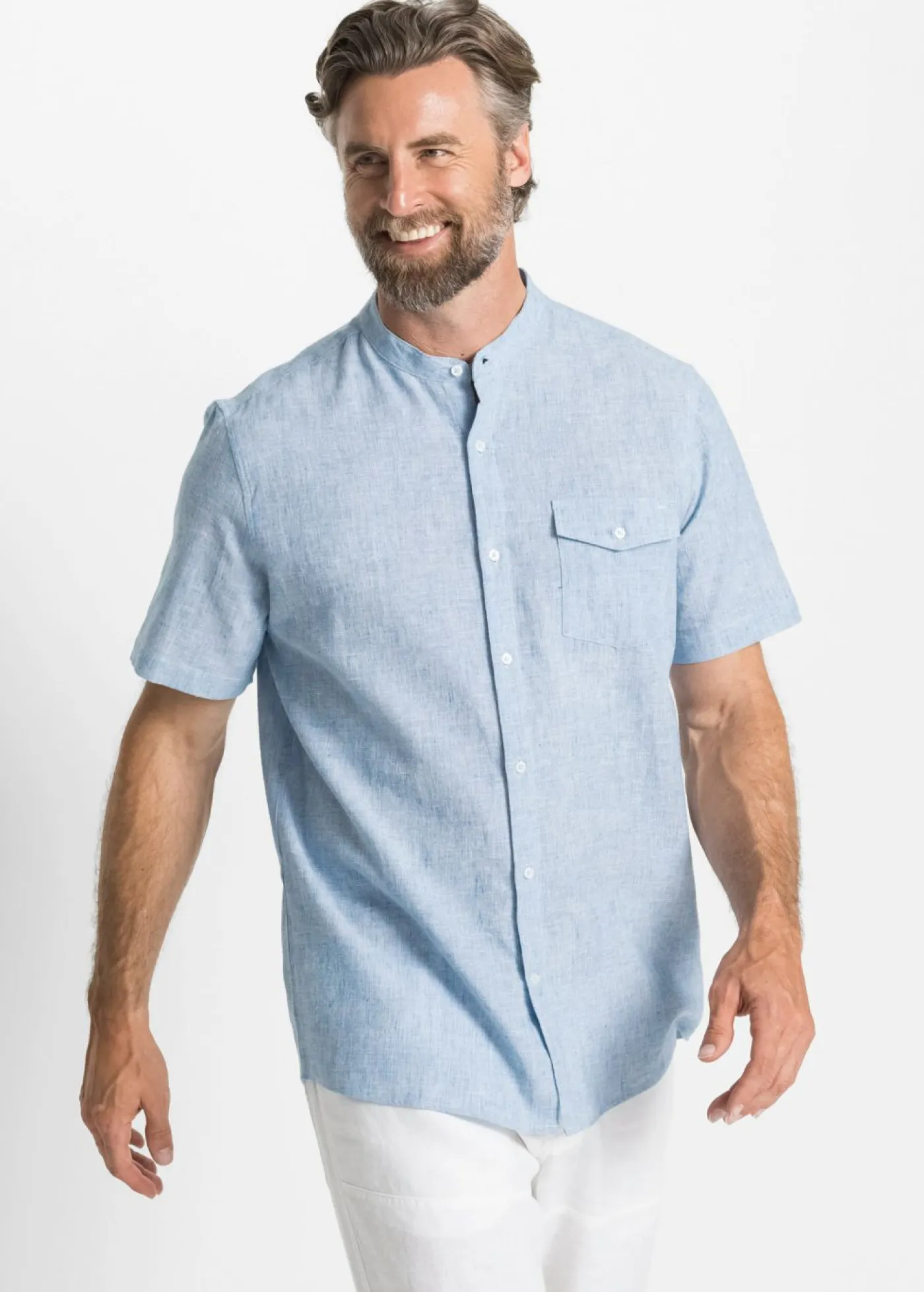 bonprix bonprix Camisas>Camisa de lino de manga corta con cuello alto Azul claro jaspeado