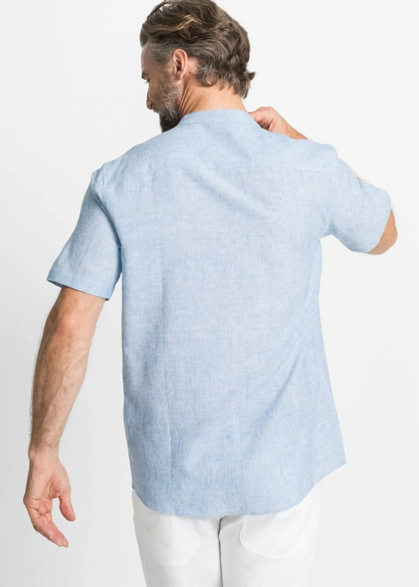 bonprix bonprix Camisas>Camisa de lino de manga corta con cuello alto Azul claro jaspeado
