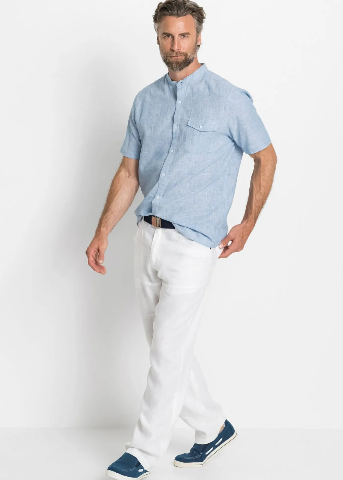 bonprix bonprix Camisas>Camisa de lino de manga corta con cuello alto Azul claro jaspeado