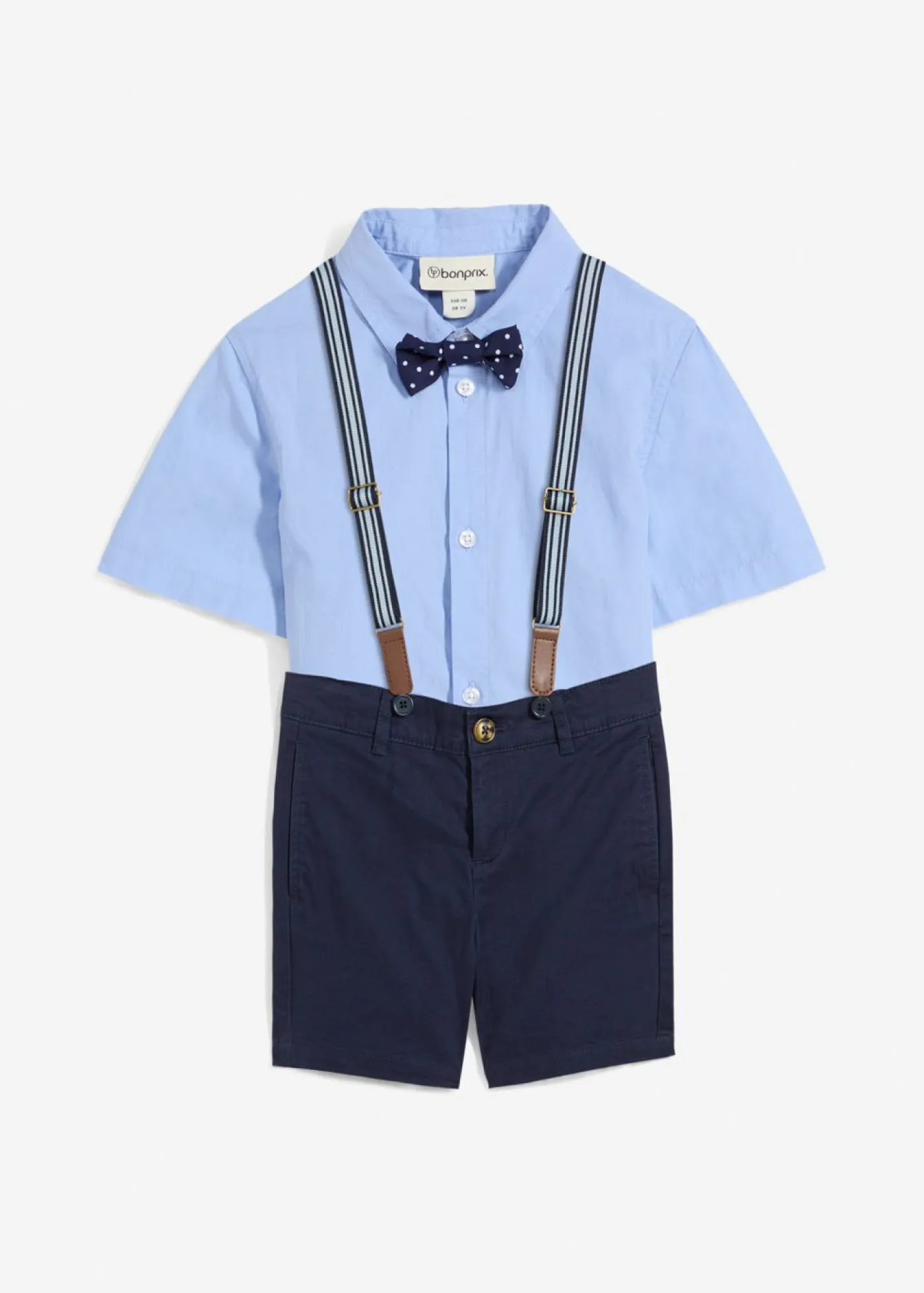 bonprix bonprix Ropa 2 A 9 Años·Camisas Y Trajes>Camisa de manga corta, bermudas tipo chino, tirantes y pajarita (conjunto de 4 piezas) azul marino/azul perla