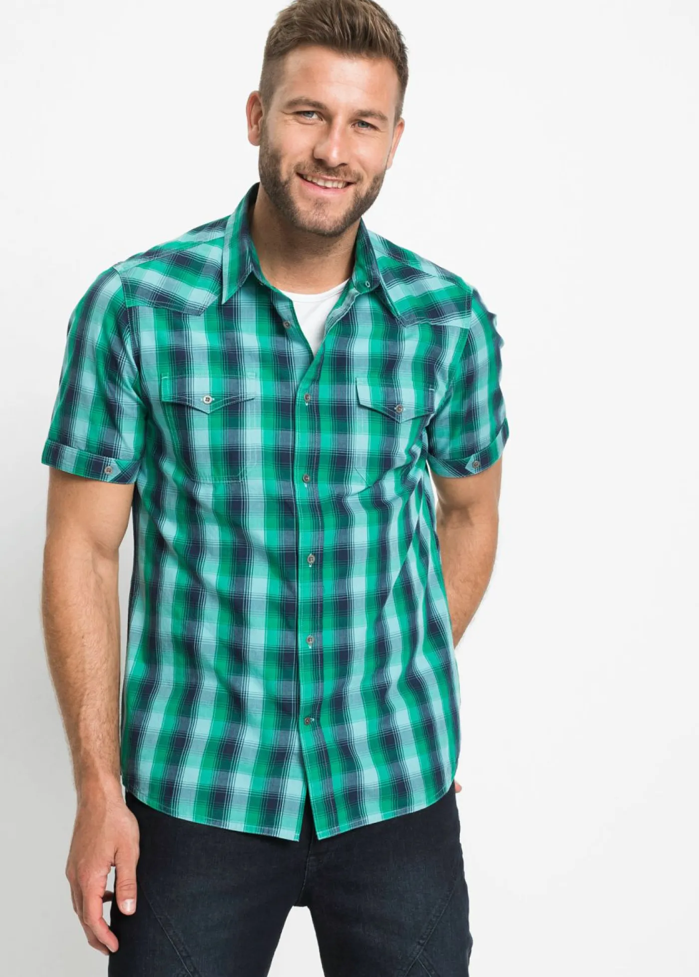 bonprix bonprix Camisas>Camisa de manga corta con bolsillos Azul marino/verde agua de cuadros