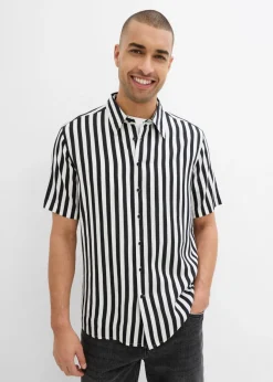 bonprix bonprix Camisas>Camisa de manga corta de viscosa suave negro-blanco lana con rayas