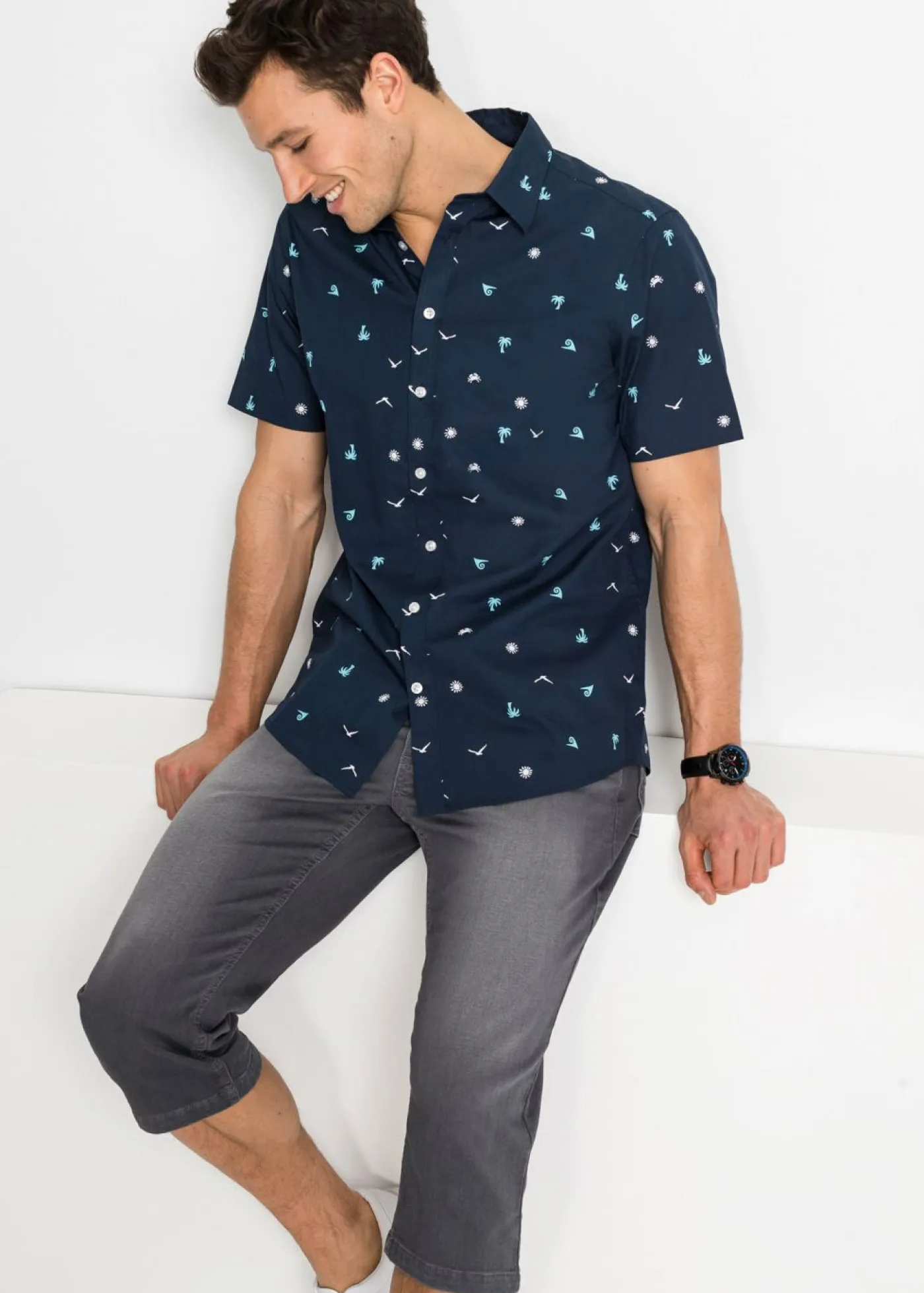 bonprix bonprix Camisas>Camisa de manga corta de algodón puro Azul marino-blanco estampado