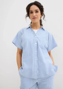 bonprix bonprix Camisas Y Blusas>Camisa de manga corta estilo milrayas Azul glaciar/blanco lana de rayas