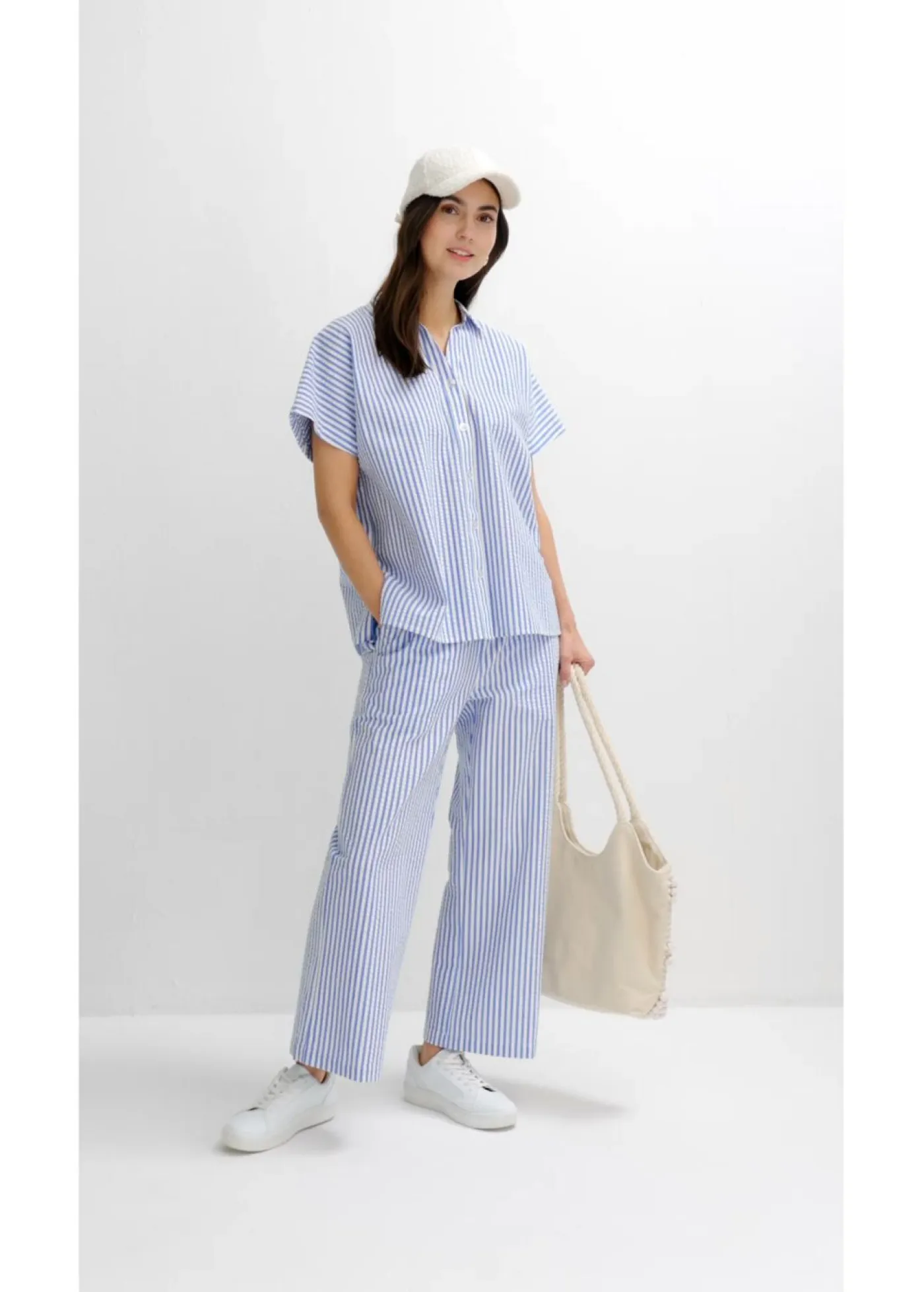 bonprix bonprix Camisas Y Blusas>Camisa de manga corta estilo milrayas Azul glaciar/blanco lana de rayas