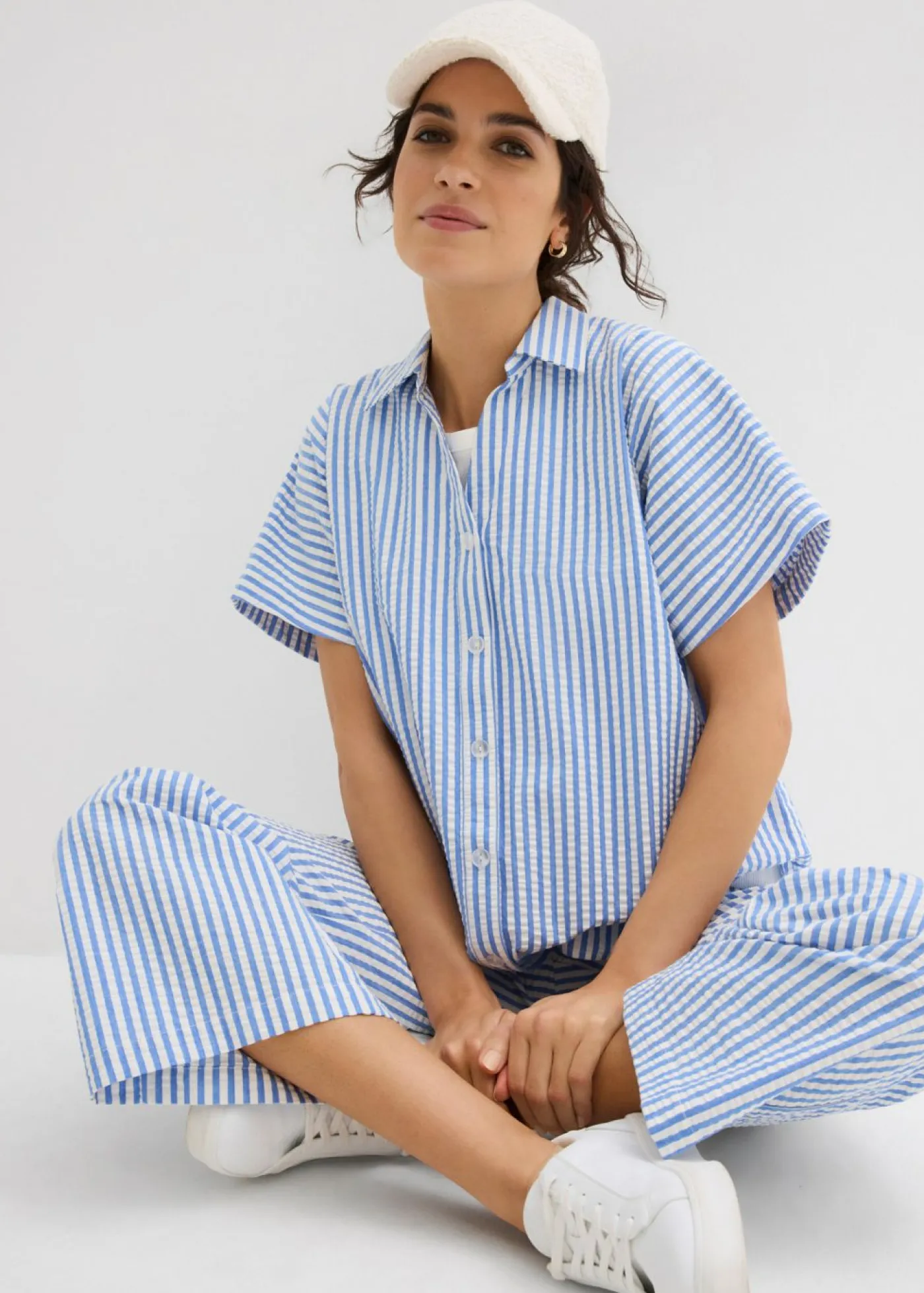 bonprix bonprix Camisas Y Blusas>Camisa de manga corta estilo milrayas Azul glaciar/blanco lana de rayas