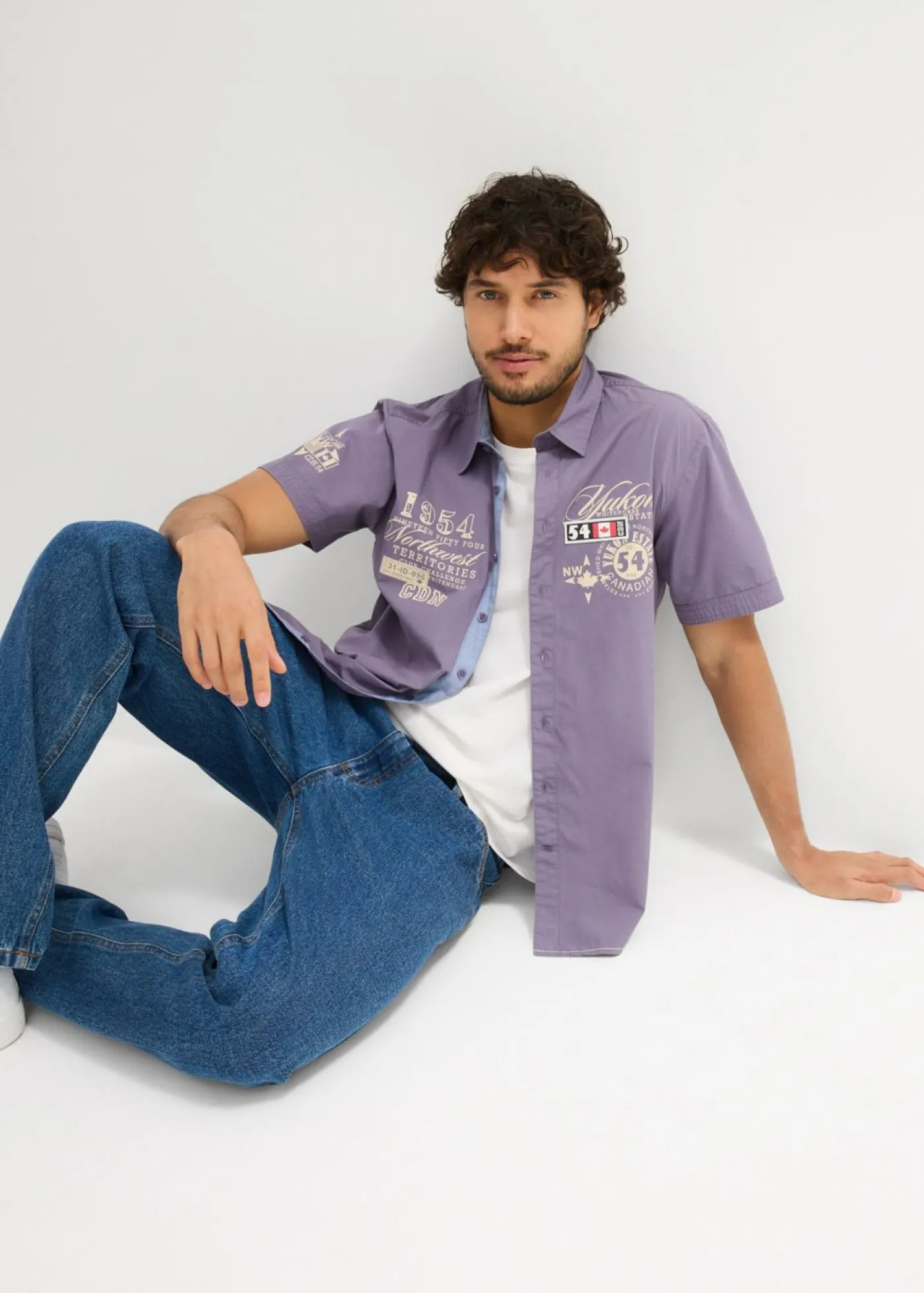 bonprix bonprix Camisas>Camisa de manga corta, slim fit morado ahumado/arena claro