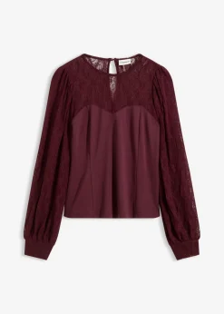 bonprix bonprix Camisetas>Camisa de manga larga con encaje rojo burdeos