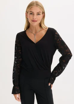 bonprix bonprix Camisetas>Camisa de manga larga con encaje Negro