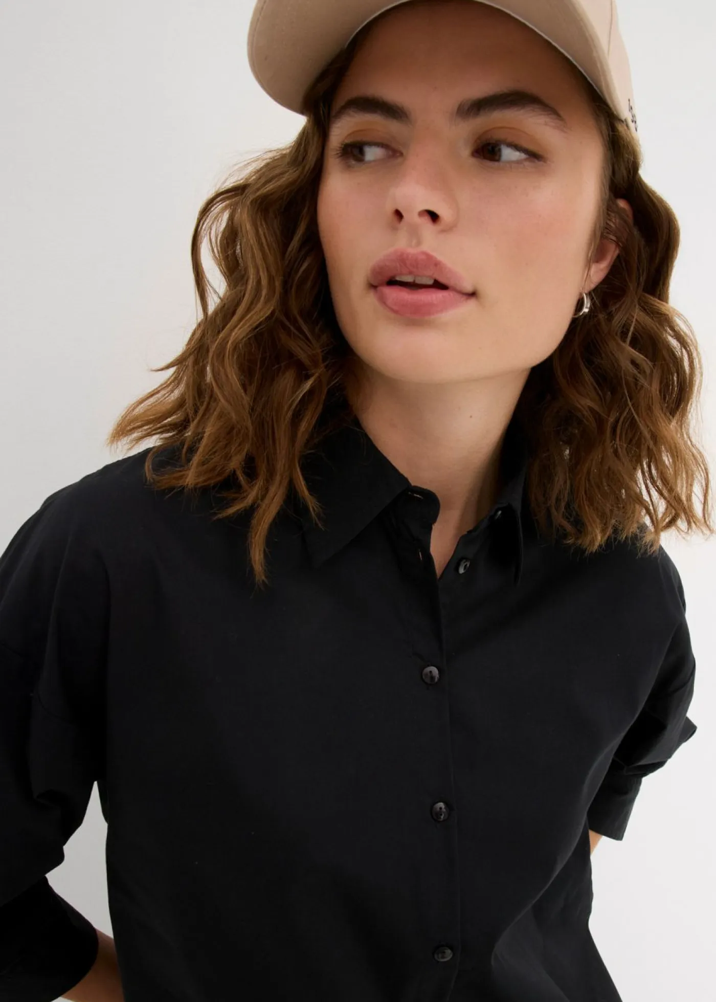 bonprix bonprix Camisas Y Blusas|Novedades>Camisa oversize de algodón con mangas 3/4 Negro