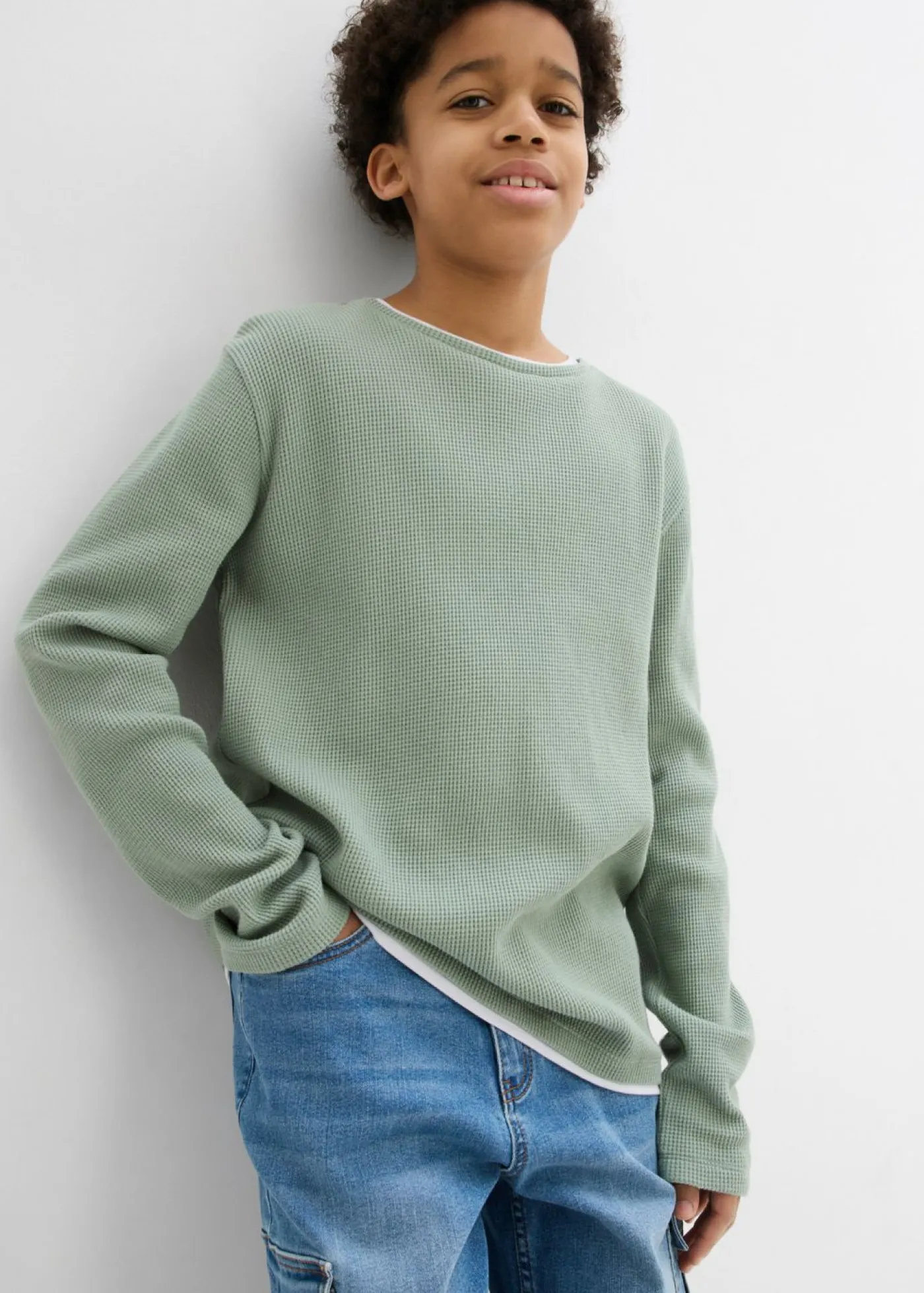 Niños bonprix bonprix Camiseta 2 en 1 de algodón puro con manga larga y aspecto gofrado