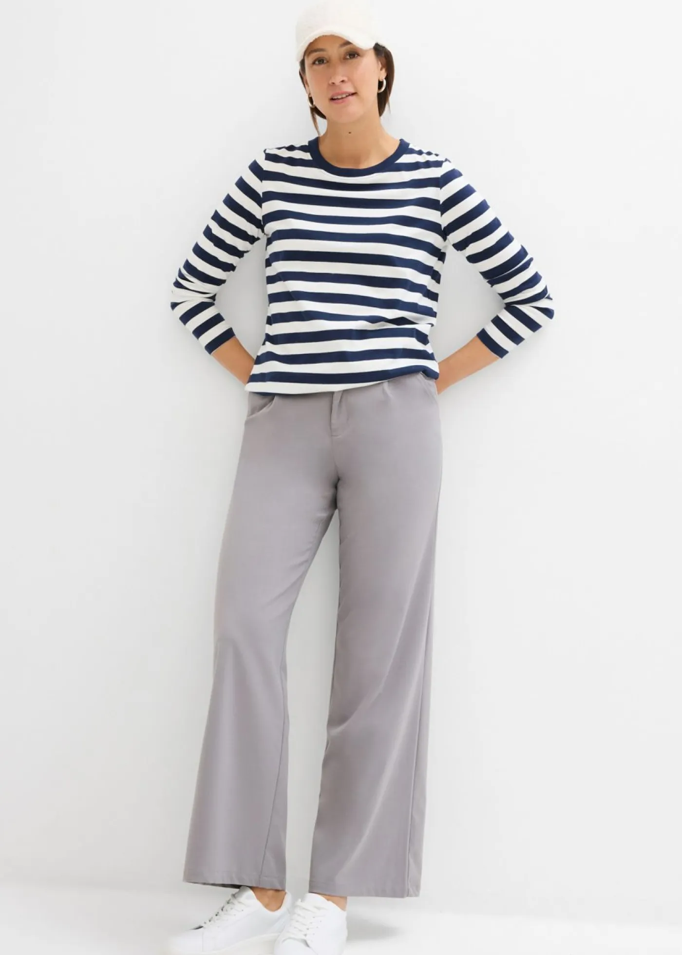 bonprix bonprix Básicos|Camisetas>Camiseta a rayas de algodón orgánico puro azul marino/blanco lana con rayas