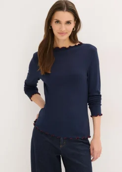 bonprix bonprix Camisetas>Camiseta acanalada de manga larga azul marino/rojo rubí