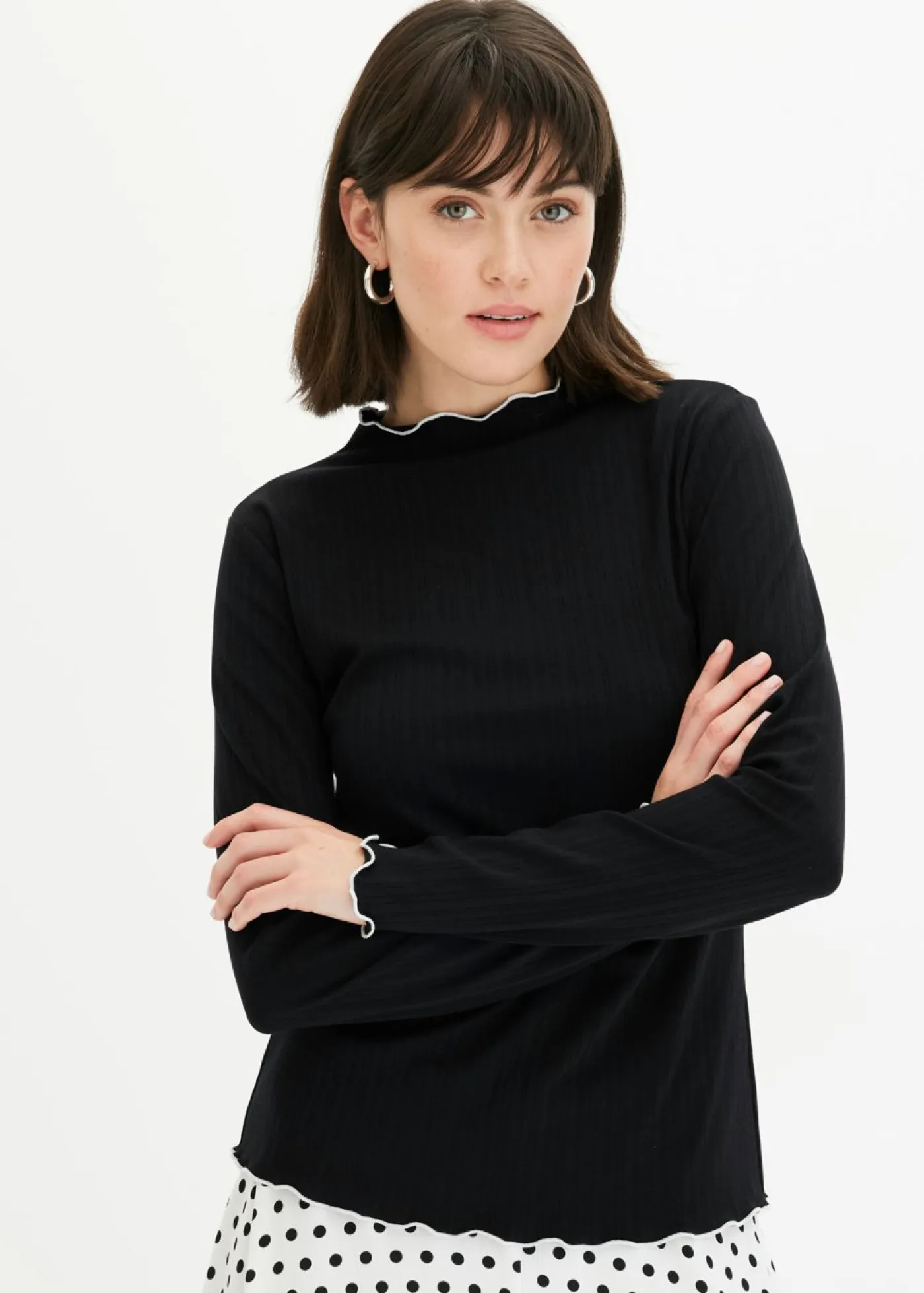 bonprix bonprix Camisetas>Camiseta acanalada de manga larga Negro-blanco lana