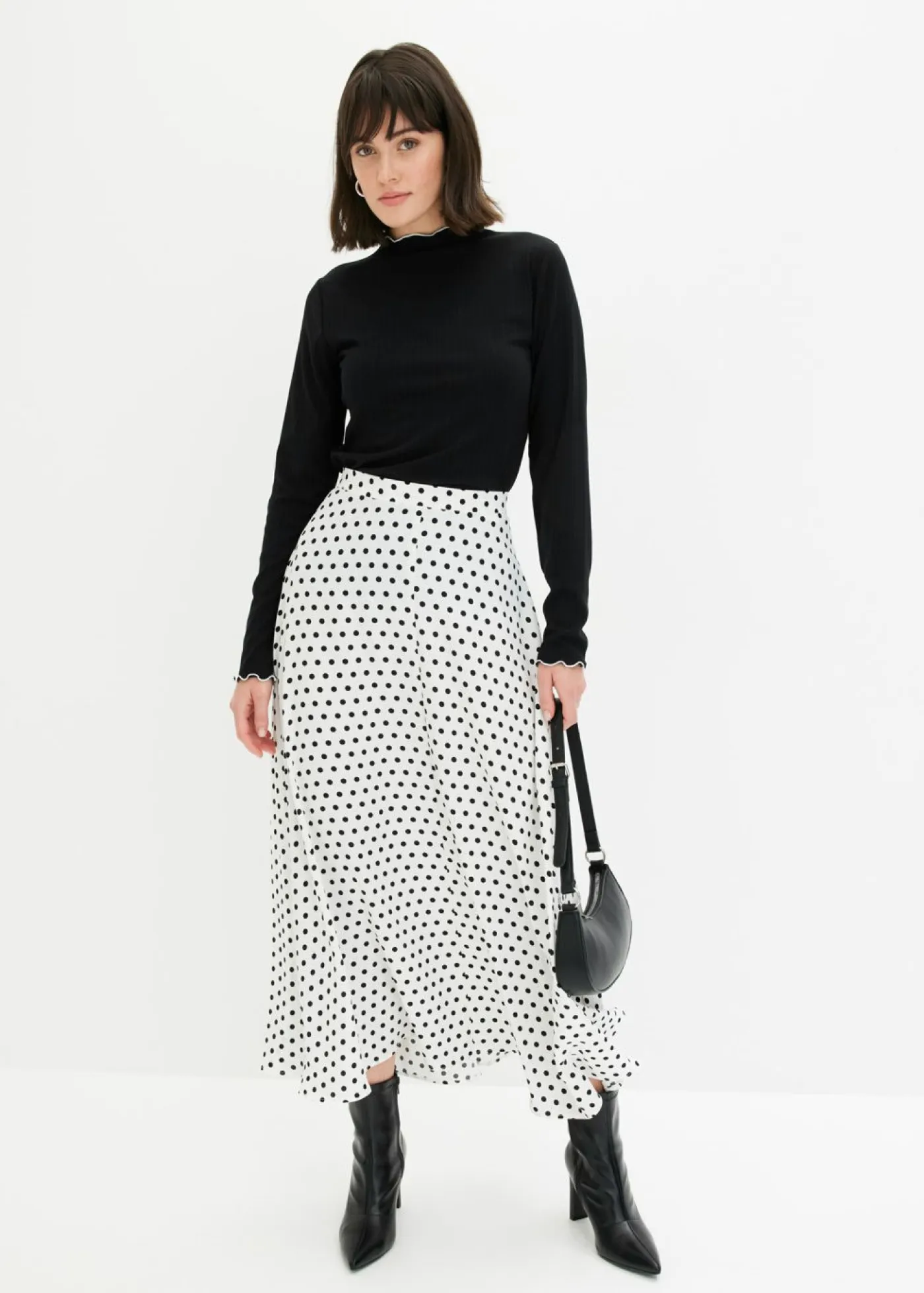 bonprix bonprix Camisetas>Camiseta acanalada de manga larga Negro-blanco lana