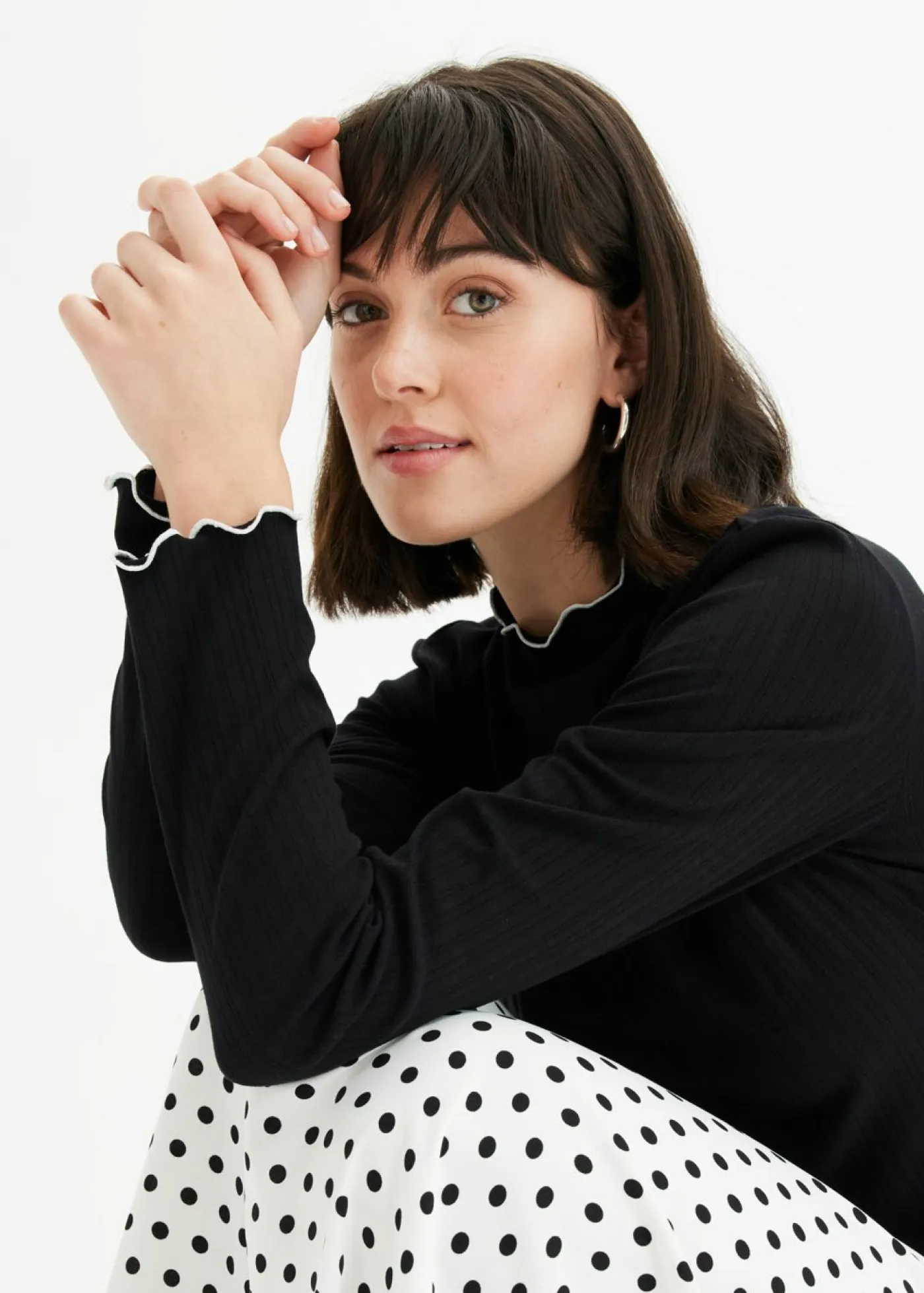 bonprix bonprix Camisetas>Camiseta acanalada de manga larga Negro-blanco lana