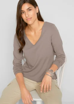 bonprix bonprix Básicos|Camisetas>Camiseta ajustada de manga larga (2 unidades) Marrón grisáceo/negro