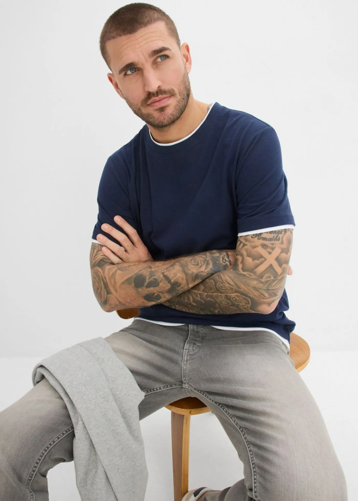 bonprix bonprix Camisetas Y Polos|Novedades>Camiseta con aspecto 2 en 1 de hilo slub Azul marino