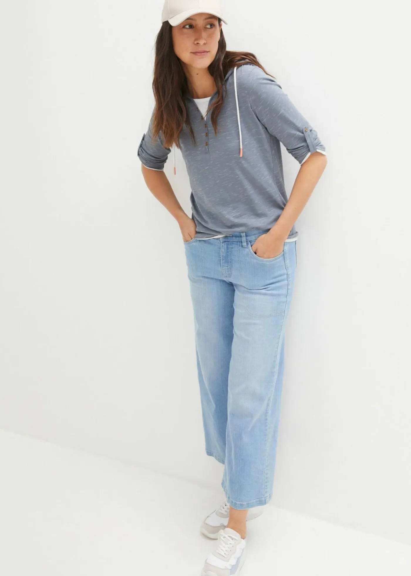 bonprix bonprix Camisetas>Camiseta con capucha Azul ahumado-blanco jaspeado