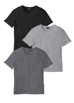 bonprix bonprix Básicos En Rebajas|Camisetas Y Polos>Camiseta con cuello en V (3 unidades) Gris oscuro jaspeado + gris claro jaspeado + negro