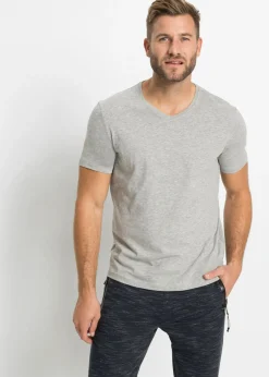 bonprix bonprix Básicos En Rebajas|Camisetas Y Polos>Camiseta con cuello en V (3 unidades) Gris oscuro jaspeado + gris claro jaspeado + negro