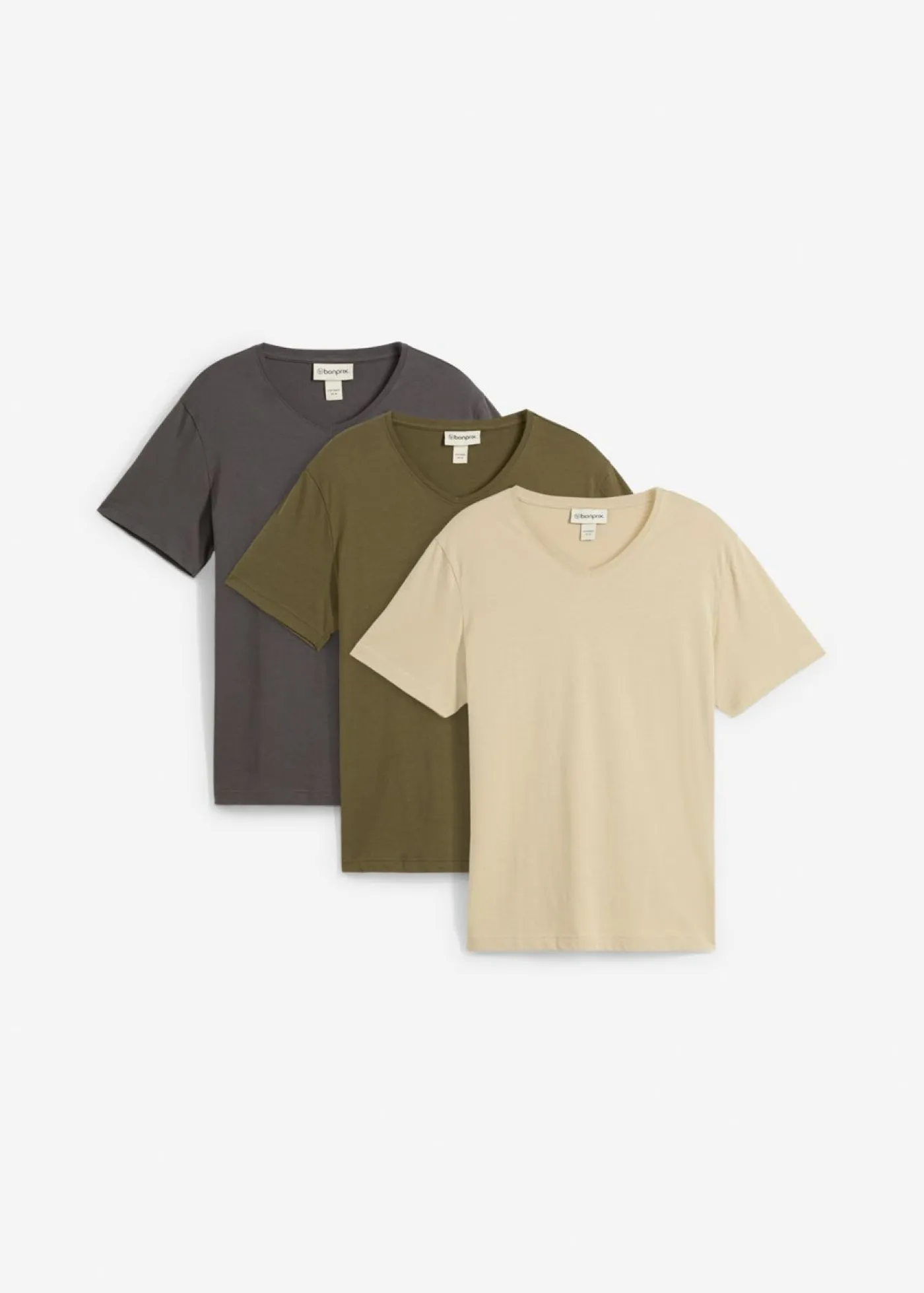 bonprix bonprix Básicos En Rebajas|Camisetas Y Polos>Camiseta con cuello en V (3 unidades) Verde aceite + verde oliva oscuro + antracita