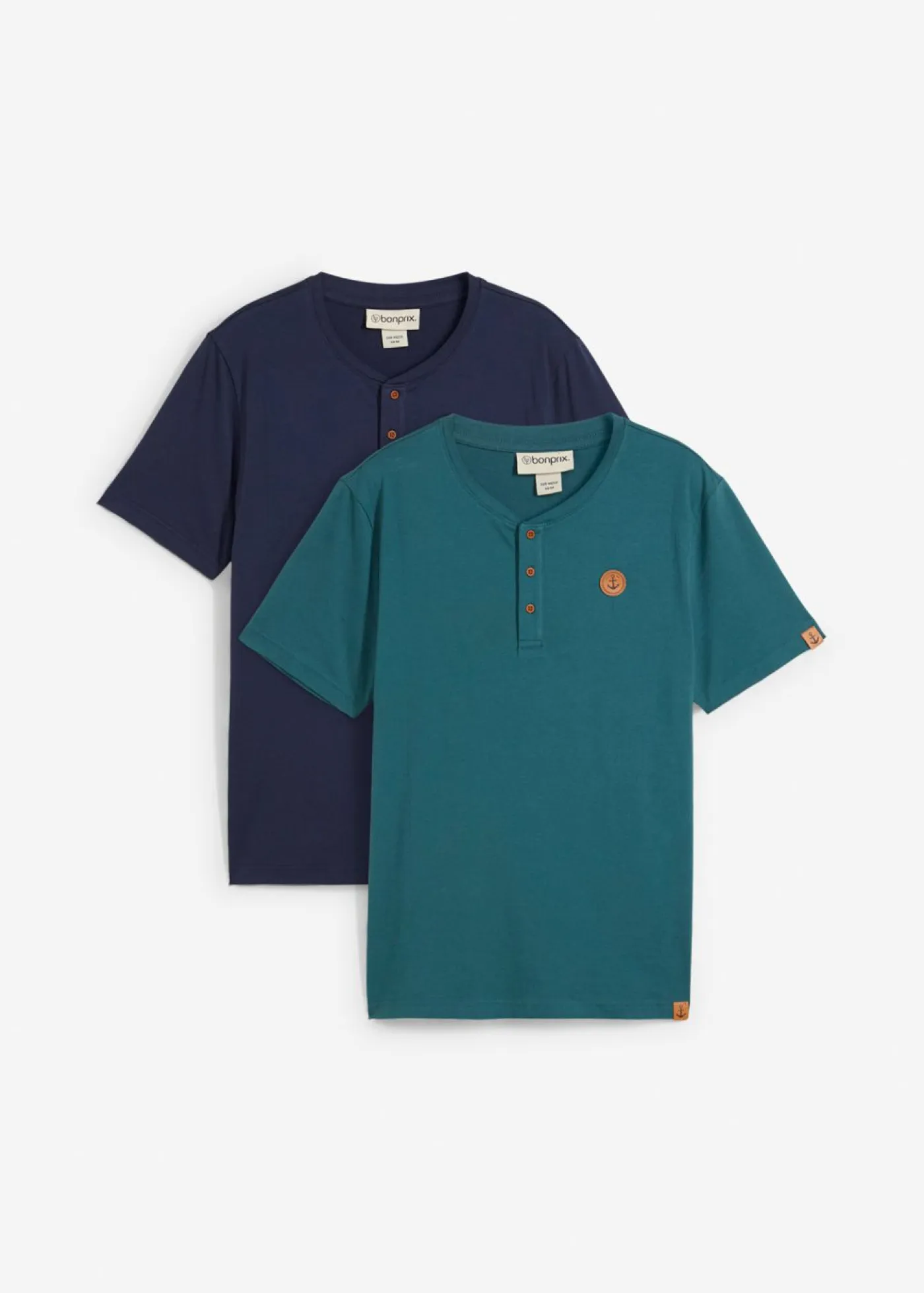 bonprix bonprix Básicos En Rebajas|Camisetas Y Polos>Camiseta con cuello henley (2 unidades) de algodón orgánico puro Verde pimiento/azul marino
