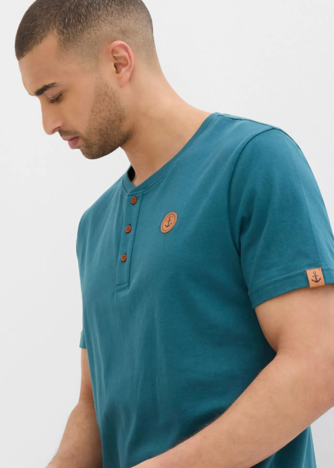 bonprix bonprix Básicos En Rebajas|Camisetas Y Polos>Camiseta con cuello henley (2 unidades) de algodón orgánico puro Verde pimiento/azul marino