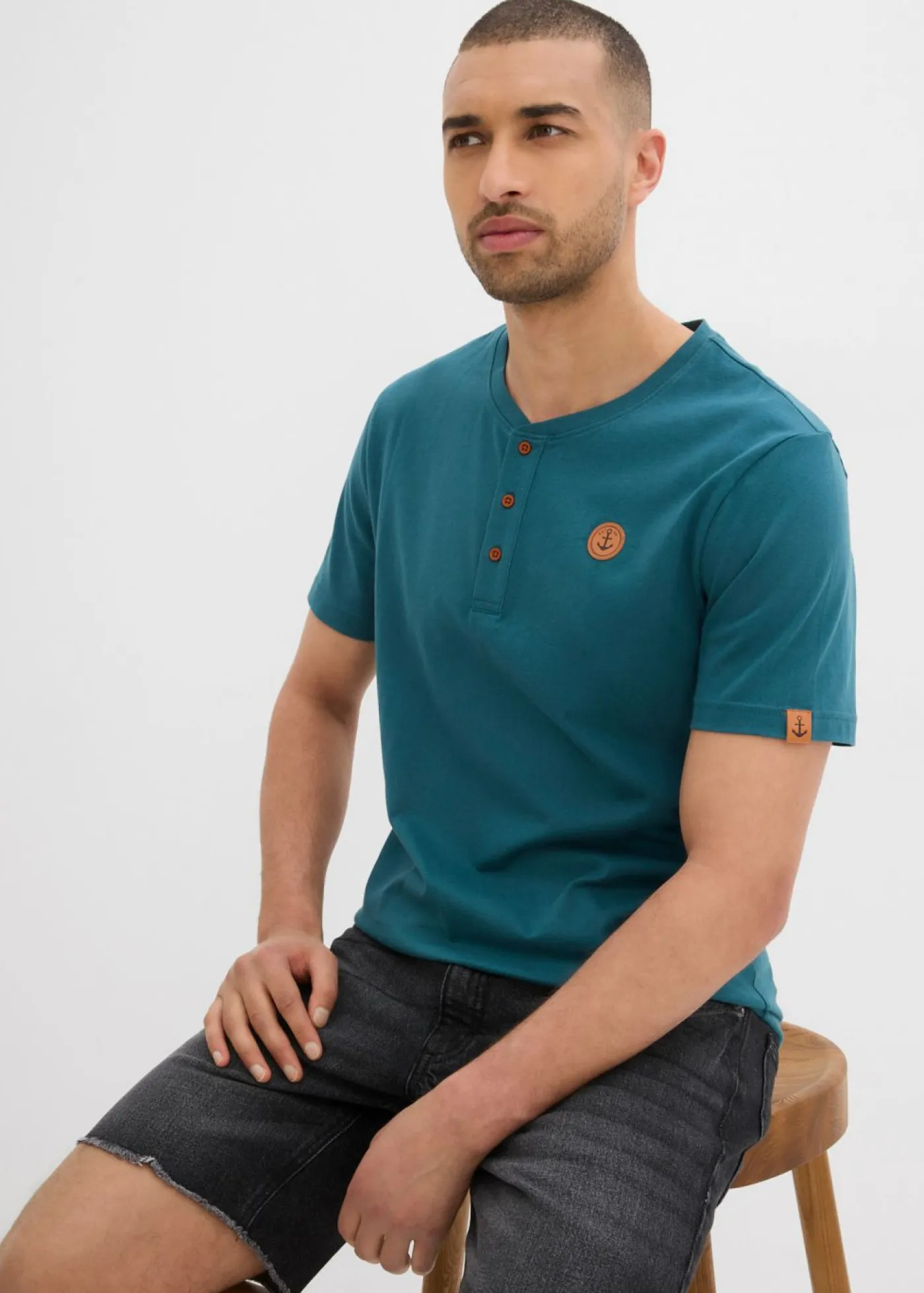 bonprix bonprix Básicos En Rebajas|Camisetas Y Polos>Camiseta con cuello henley (2 unidades) de algodón orgánico puro Verde pimiento/azul marino