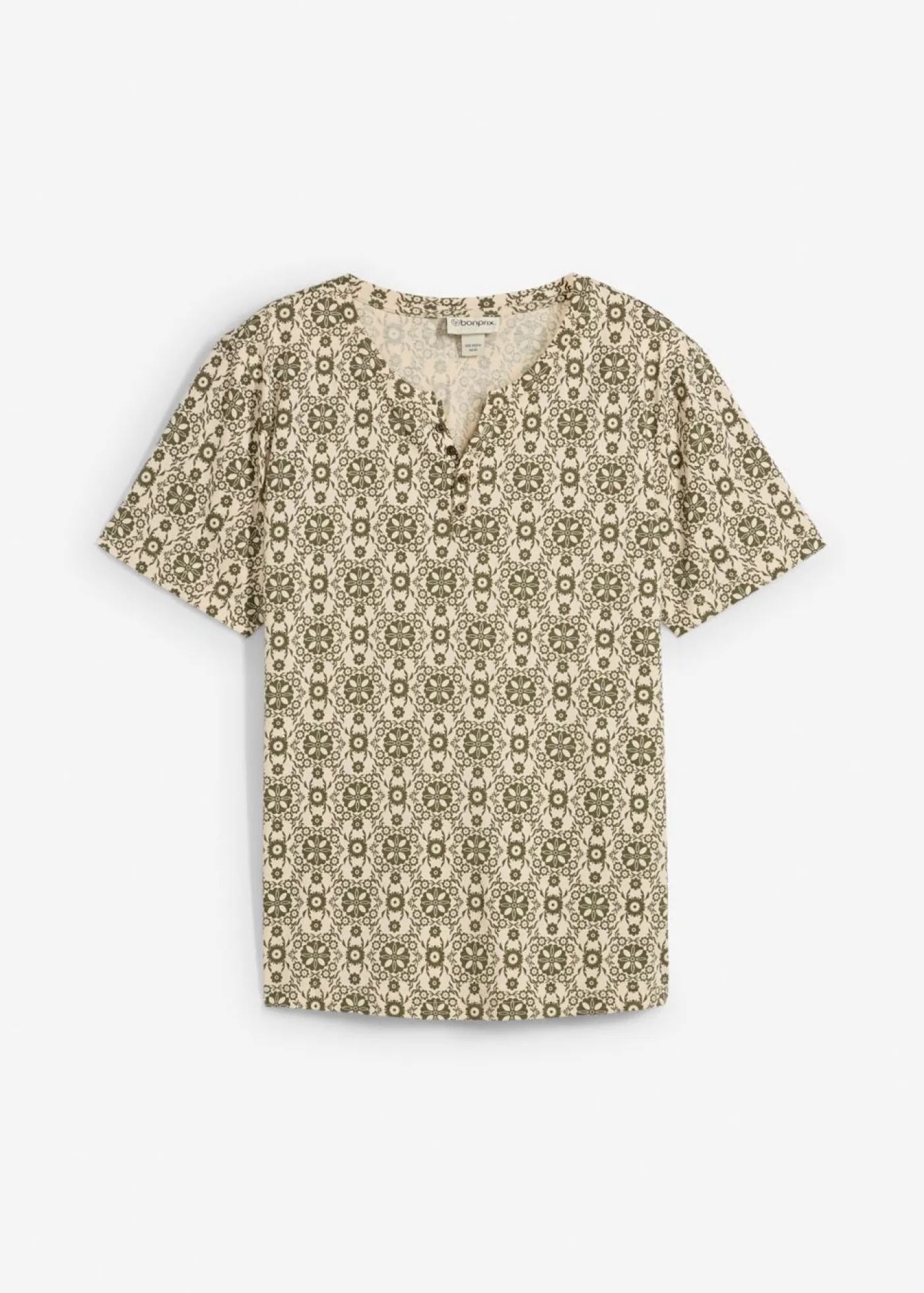 bonprix bonprix Camisetas Y Polos>Camiseta con cuello henley de algodón puro gris guijarro/verde oliva oscuro