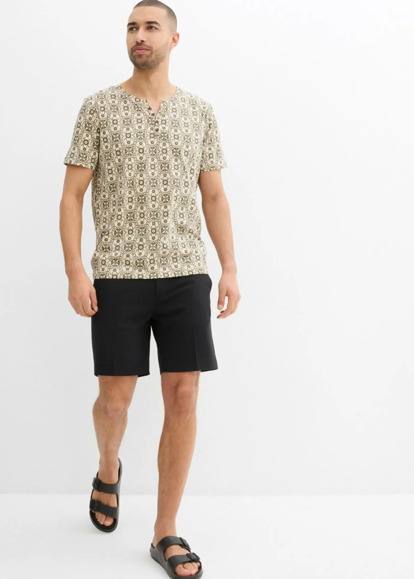 bonprix bonprix Camisetas Y Polos>Camiseta con cuello henley de algodón puro gris guijarro/verde oliva oscuro