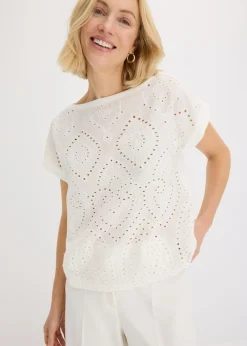 bonprix bonprix Camisetas|Novedades>Camiseta con encaje calado Blanco lana