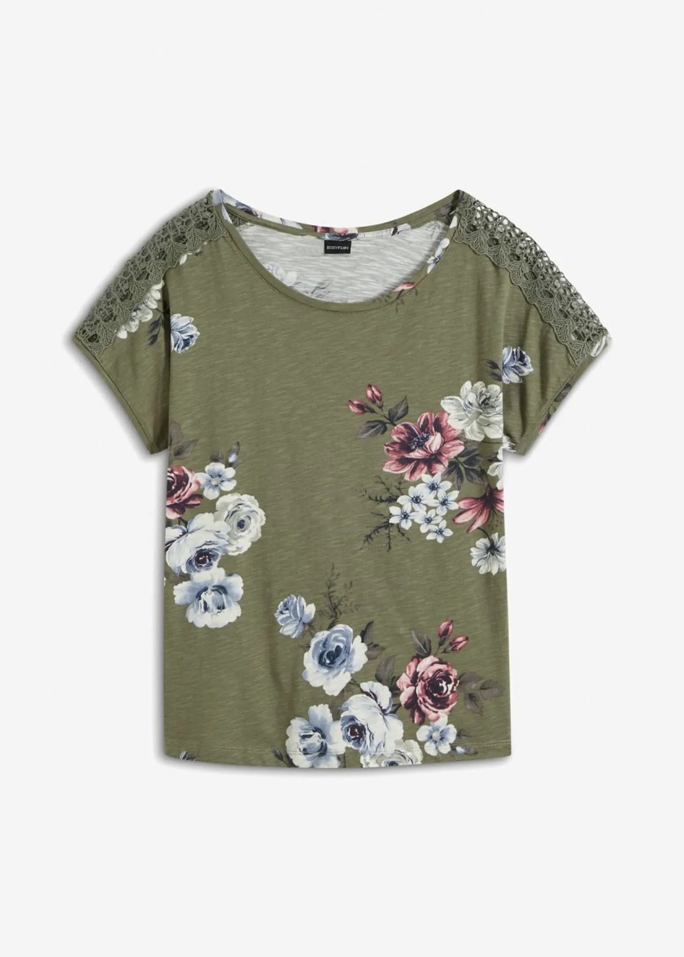 bonprix bonprix Camisetas>Camiseta con encaje estampada Verde oliva de flores