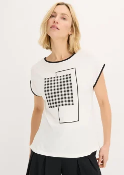 bonprix bonprix Camisetas>Camiseta con estampado colocado y ribete en contraste Blanco lana-negro