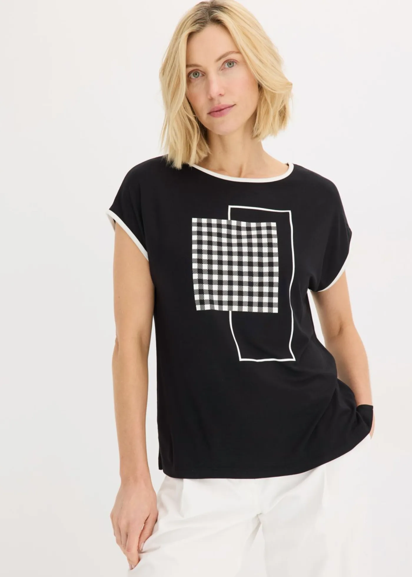 bonprix bonprix Camisetas>Camiseta con estampado colocado y ribete en contraste Negro-blanco lana