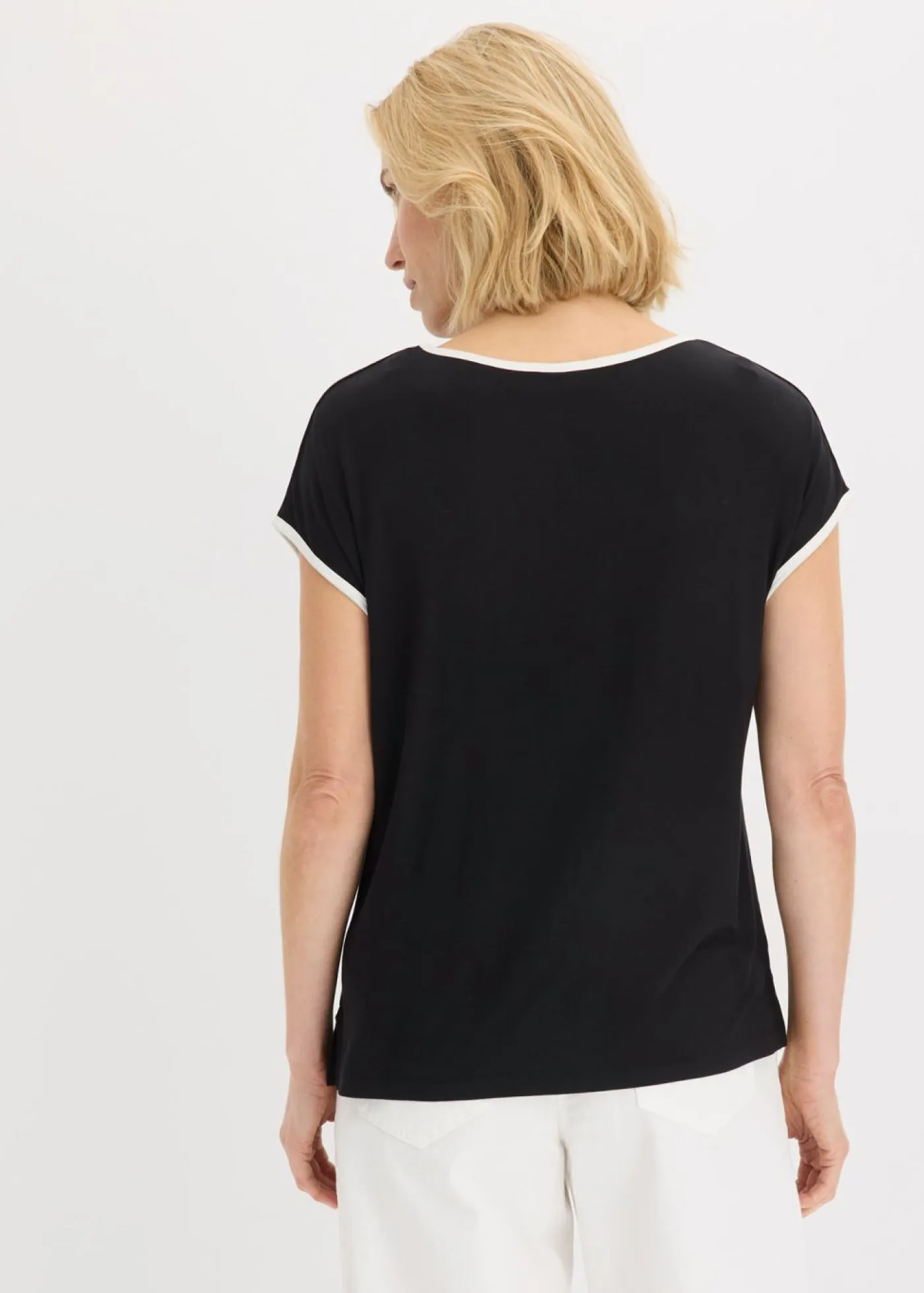 bonprix bonprix Camisetas>Camiseta con estampado colocado y ribete en contraste Negro-blanco lana