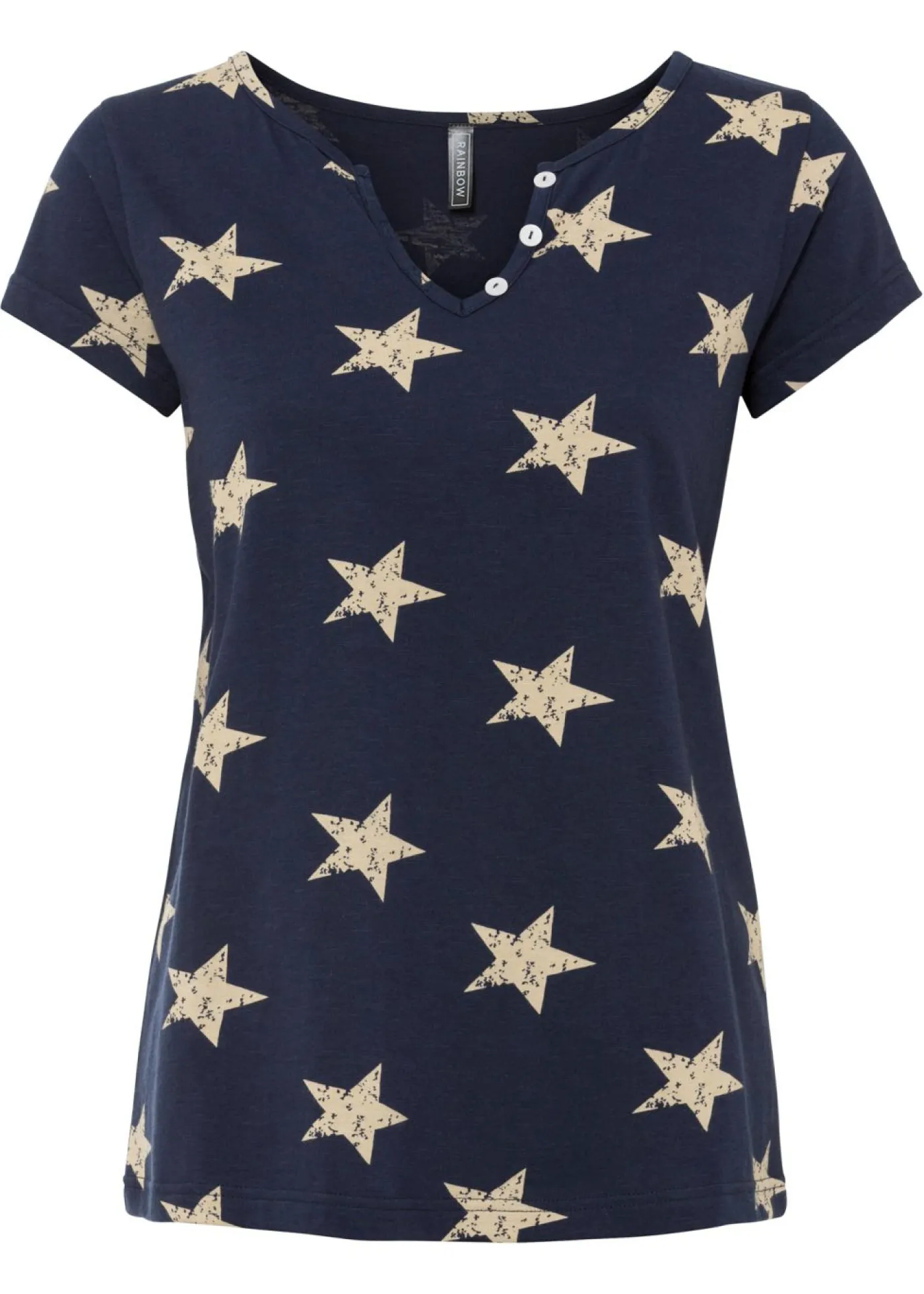 bonprix bonprix Camisetas>Camiseta con estampado de estrellas y algodón puro Azul marino/beige estampado
