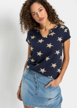 bonprix bonprix Camisetas>Camiseta con estampado de estrellas y algodón puro Azul marino/beige estampado
