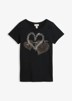bonprix bonprix Camisetas>Camiseta con estampado de corazón de algodón orgánico Negro estampado