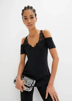 bonprix bonprix Camisetas>Camiseta con hombros al descubierto y encaje Negro