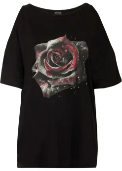 bonprix bonprix Camisetas>Camiseta con hombros al descubierto de viscosa Negro- gris de flores