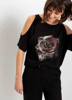 bonprix bonprix Camisetas>Camiseta con hombros al descubierto de viscosa Negro- gris de flores