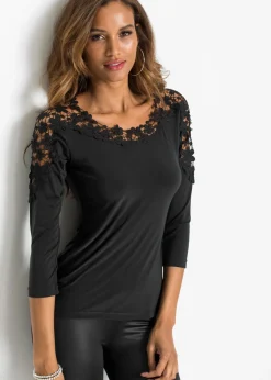 Mujer bonprix bonprix Camiseta con inserto de ganchillo y mangas 3/4